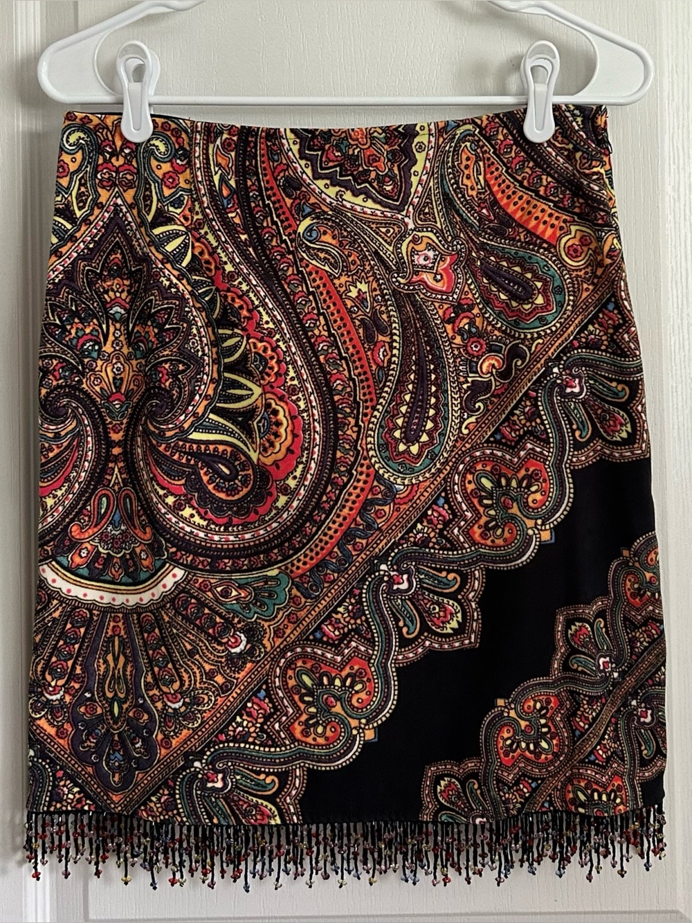 VTG Linda Segal NWT Paisley Velvet Y2K Skirt Fringe Beaded Hem Boho Festival Sz4